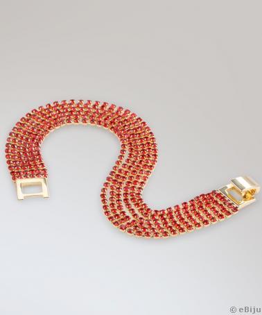 Többsoros karkötő, piros kristályokkal, aranyszínű fémből