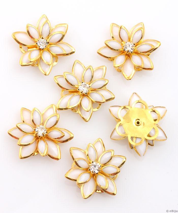 Virág függő dísz, aranyszínű fém, fehér kristályokkal, 2.2 cm