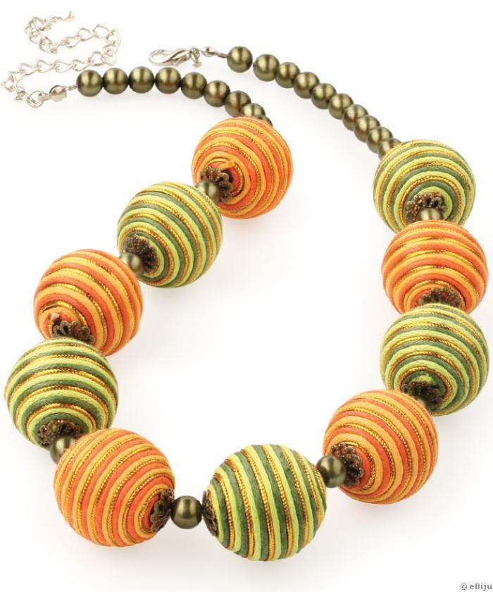 Zöld-narancssárga-arany színű nyaklánc textilgyöngyökből