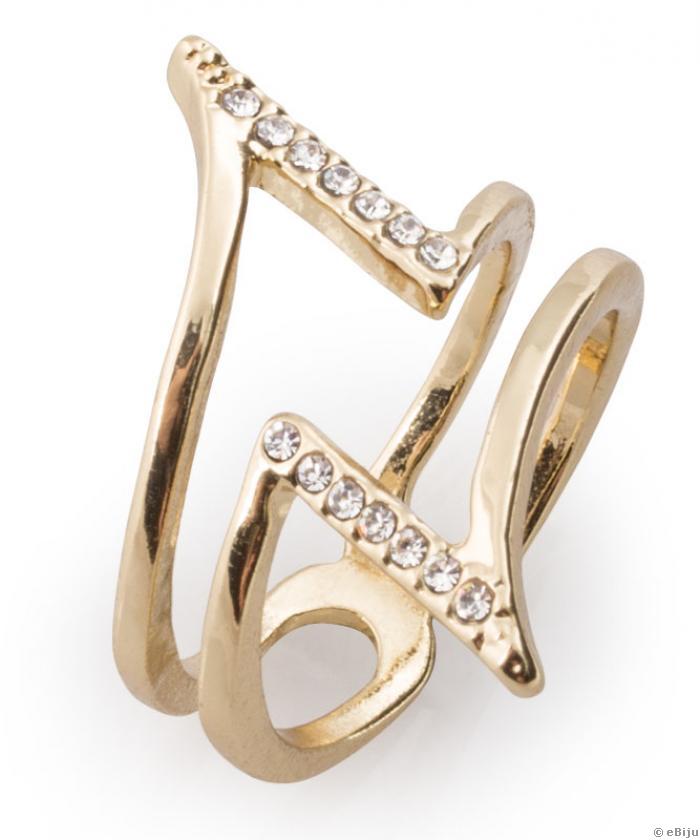 Absztrakt formájú, aranyszínű gyűrű, kristályokkal, 19 mm