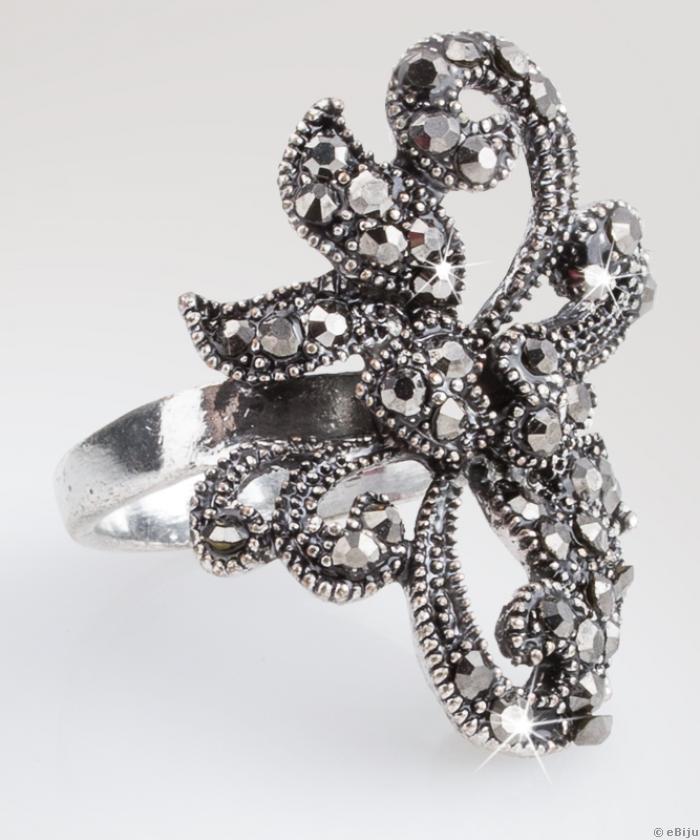 Absztrakt virág gyűrű, ezüstszínű fémből, 16 mm