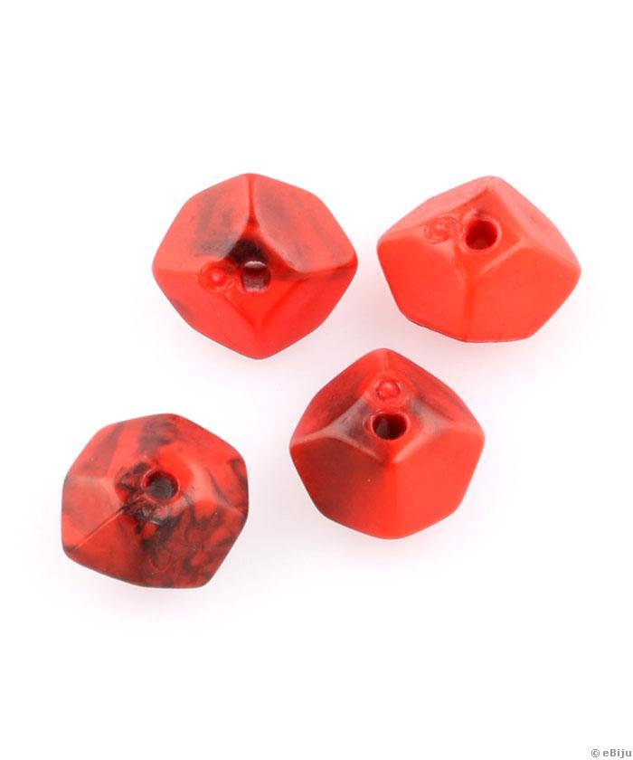 Akril gyöngy, piros-fekete, dodekaéder forma, 1.2 x 0.6 cm