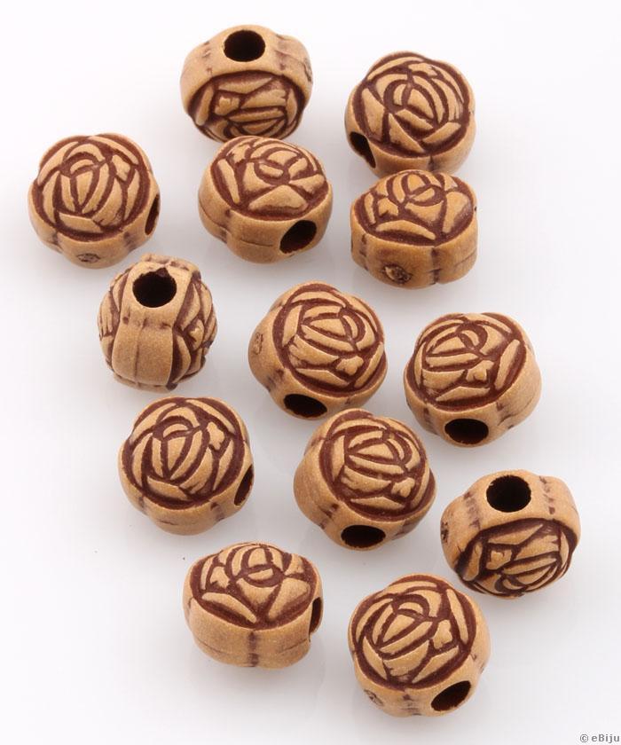 Akril gyöngy, rózsa mintás, barna, gömb forma, 1.1 x 1 cm