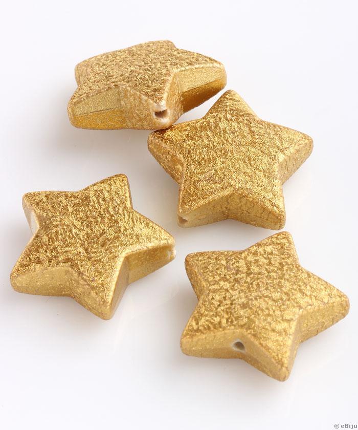 Akril gyöngy, textúrált, aranyszínű, csillag forma, 2.5 x 2.3 cm
