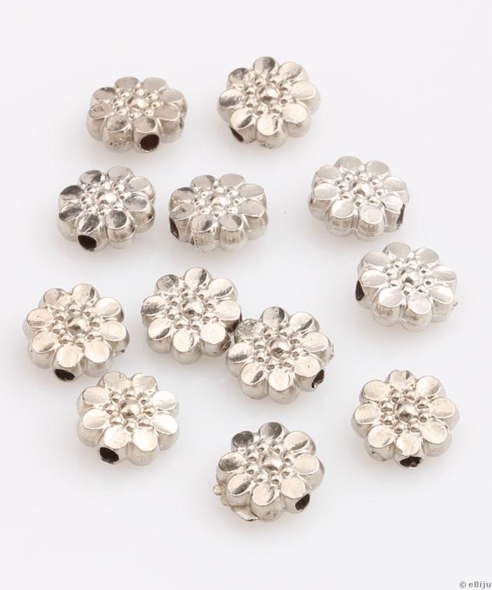 Akril távtartó gyöngy, ezüstszínű, virág forma, 0.9 cm