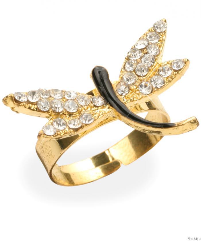 Aranyszínű-fekete szitakötő gyűrű, kristályokkal