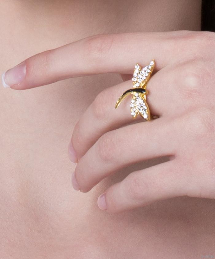 Aranyszínű-fekete szitakötő gyűrű, kristályokkal