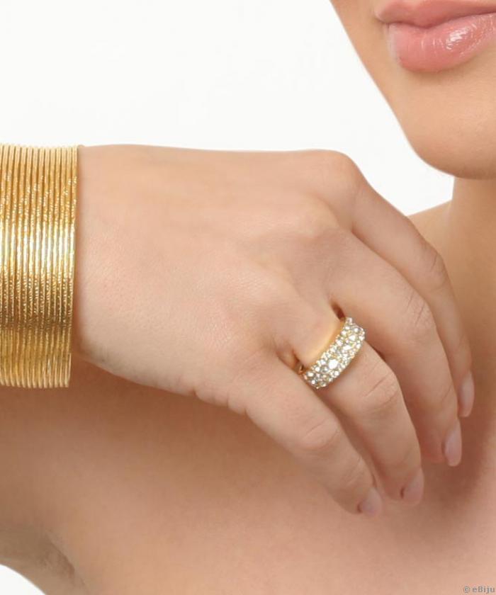 Aranyszínű gyűrű, 3 sor fehér kristállyal