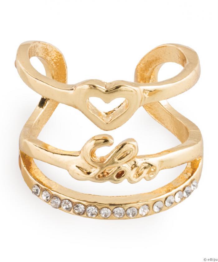 Aranyszínű Love gyűrű, szívecskével és kristályokkal, 17 mm