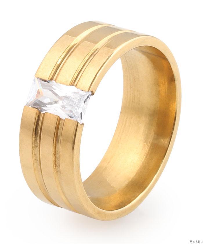 Aranyszínű nemesacél gyűrű, téglalap kristállyal, 18 mm