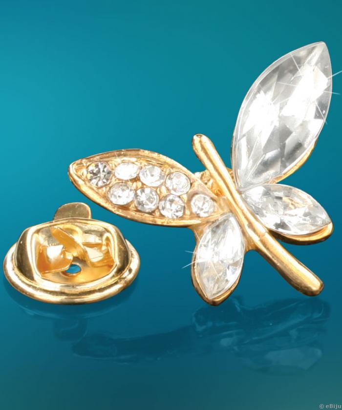 Aranyszínű pillangó bross fehér kristályokkal