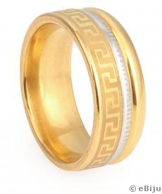 Aranyszínű rozsdamentes acél gyűrű, görög labirintus mintával
