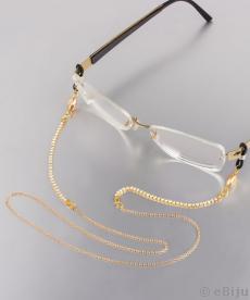 Aranyszínű szemüveglánc, üveggyöngyökkel és kristályokkal
