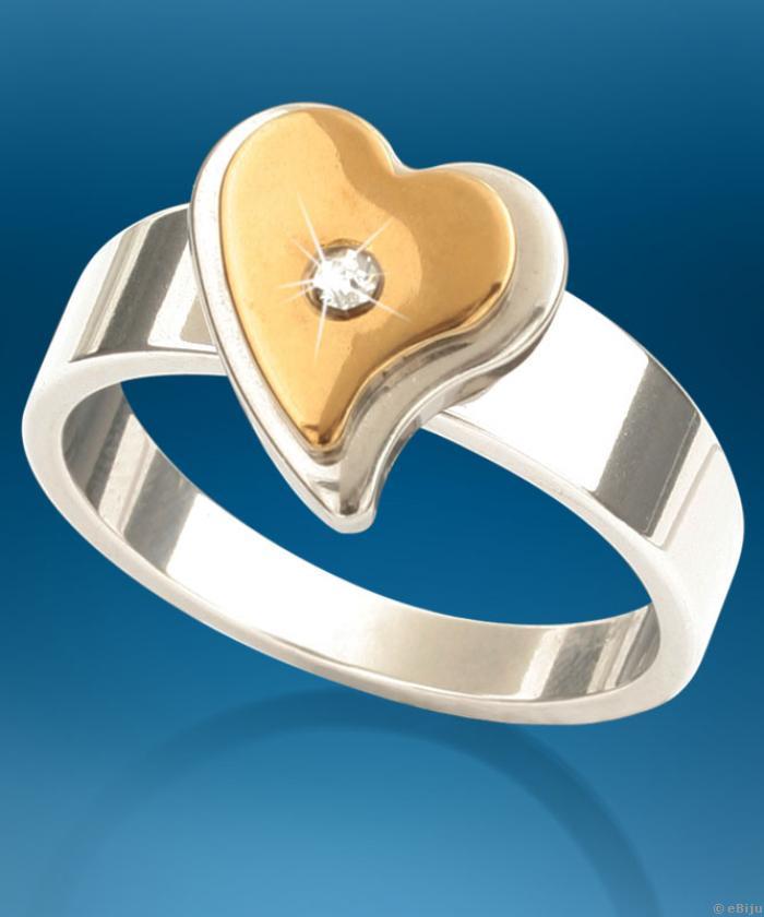 Aranyszínű szív gyűrű fehér kristállyal, 17 mm