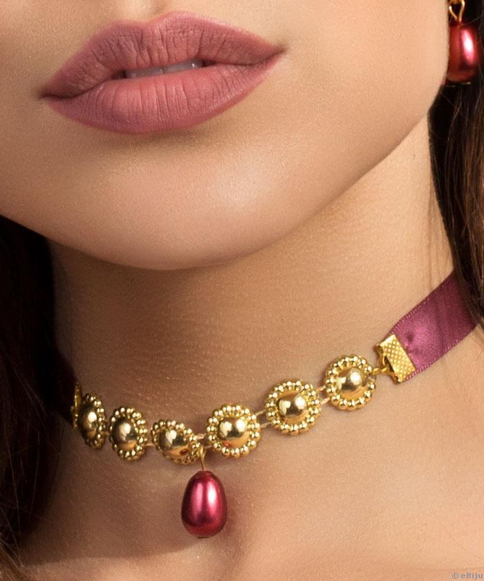 Aranyszínű virágos choker, bordó szaténnal