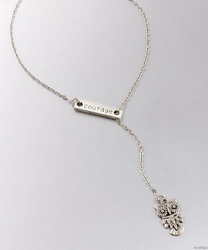 Asszimetrikus nyaklánc, antikolt ezüstszínű fém bagoly medállal