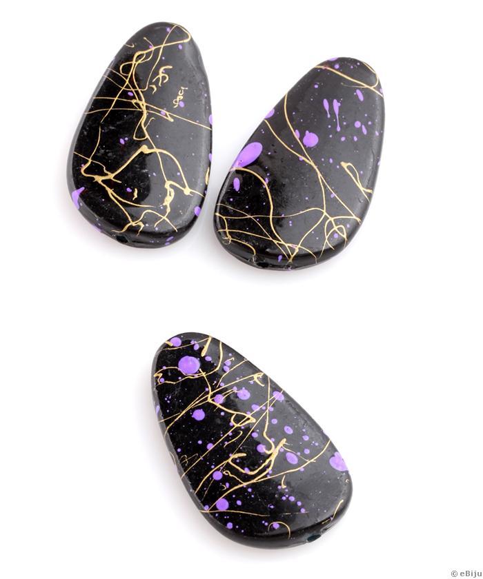 Asszimetrikus ovális akril gyöngy, fekete, lila és aranyszínű, 2.1 x 3.7 cm
