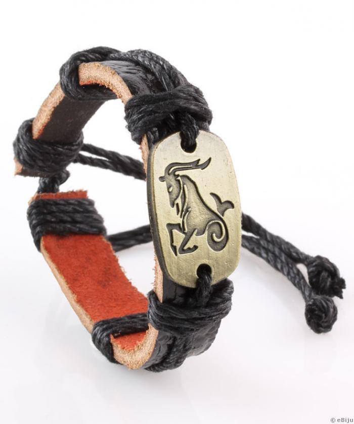 Bakk csillagjegyű karkötő, fekete, nyomott mintás természetes bőrből