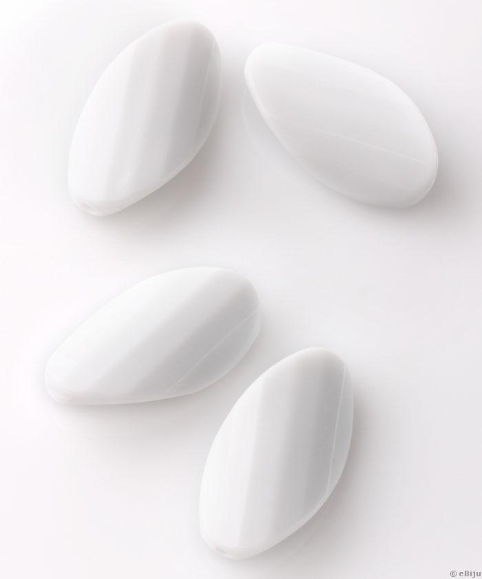Csavart, ovális akril gyöngy, fehér, fazettált, 1.8 x 3.2 cm
