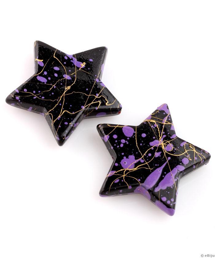 Csillag formájú akril gyöngy, fekete, lila-sárga foltokkal, 3.7 cm