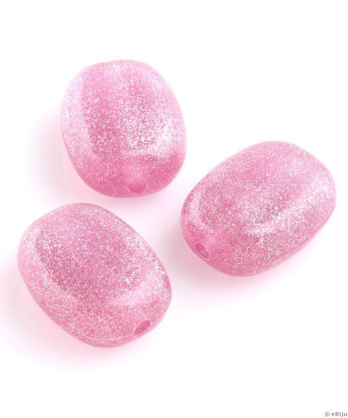 Csillámos, ovális akril gyöngy, világos rózsaszín, 1.8 x 2.4 cm