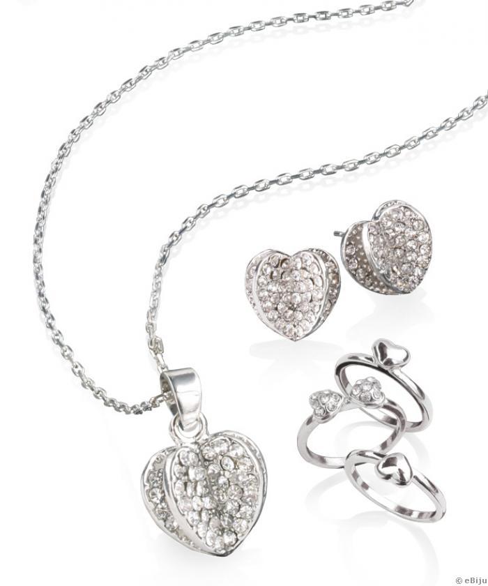 Dupla szív medál és fülbevaló szett három darabból álló Fortuna gyűrűvel