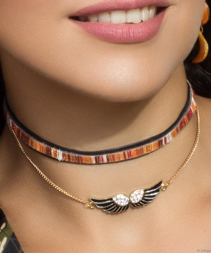 Duplasoros choker, barna-bordó-aranyszínű, angyalszárny medállal