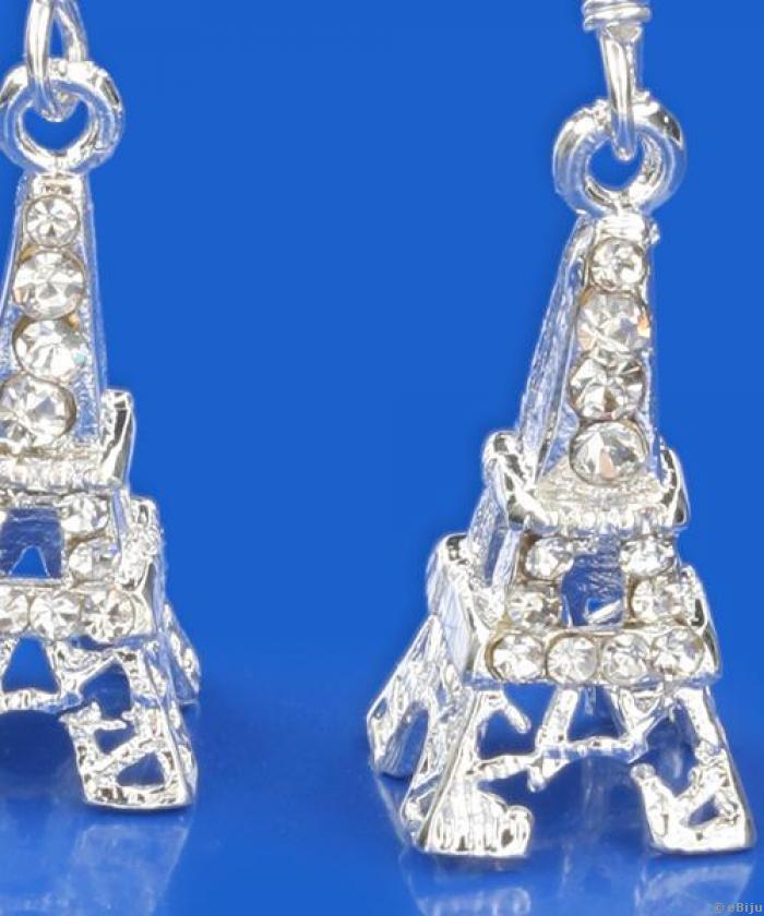 Ezüst színű Eiffel torony fülbevaló, fehér strasszokkal
