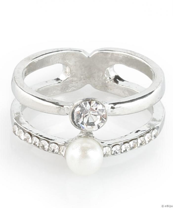 Ezüstszínű dupla gyűrű, kristályokkal és üveggyönggyel