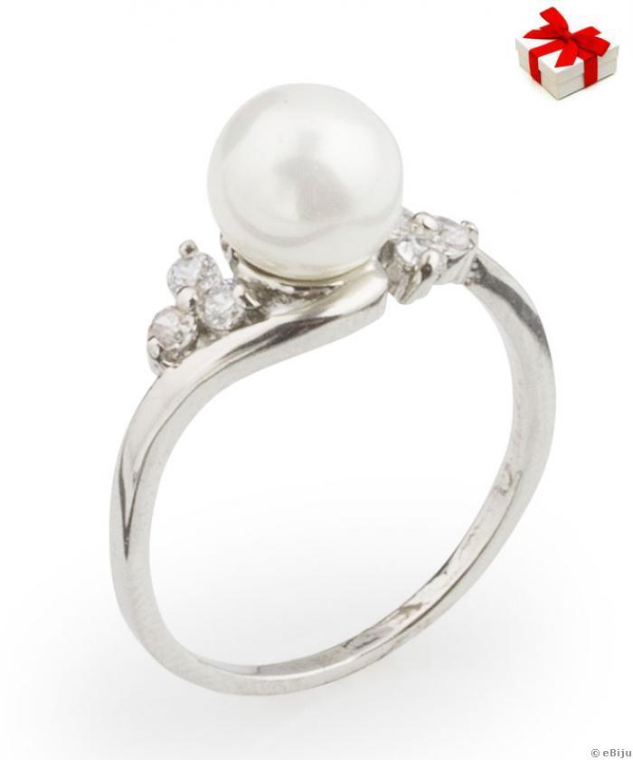 Ezüstszínű gyűrű fehér gyönggyel és Swarovski kristályokkal