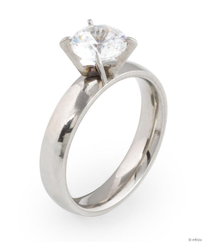 Ezüstszínű jeggyűrű típusú gyűrű, cirkónia kővel, 17 mm