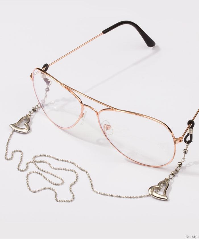 Ezüstszínű szemüveglánc, akril szívek kristályokkal