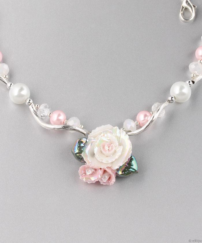 Fehér-rózsaszín porcelán rózsás nyakék