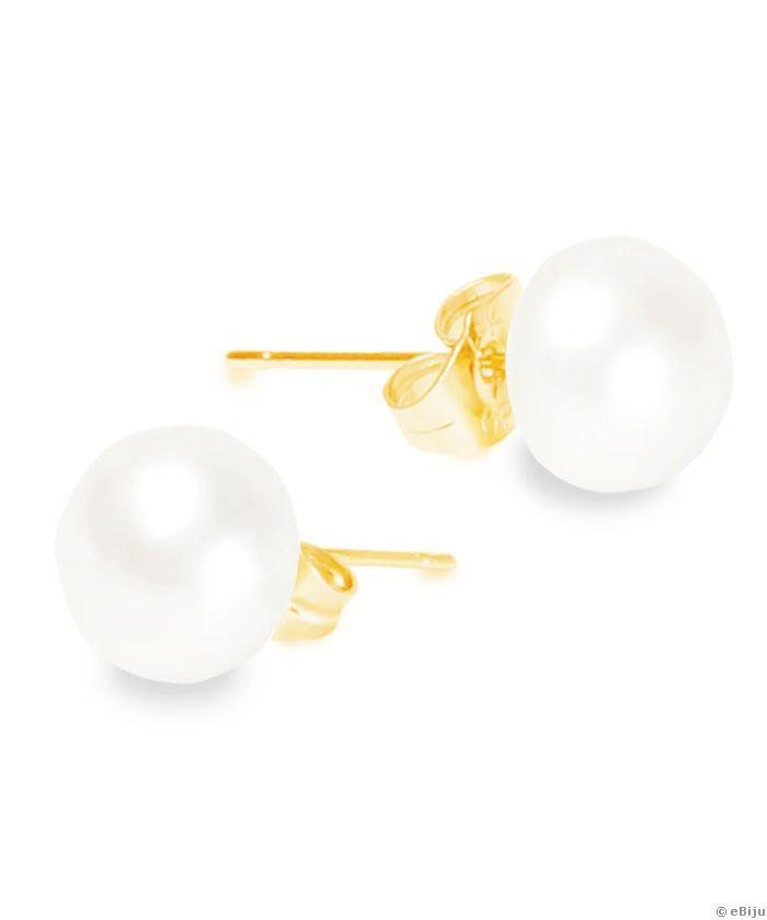 Fehér tenyésztett gyöngy fülbevaló, aranyszínű tűvel, 0.6 cm