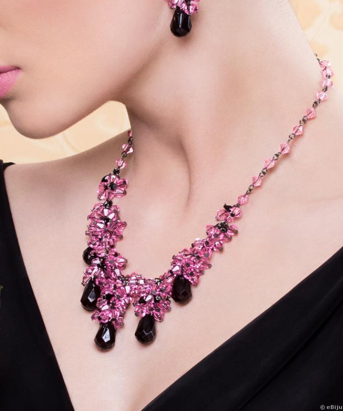 Fekete és rózsaszín szintetikus kristály nyaklánc