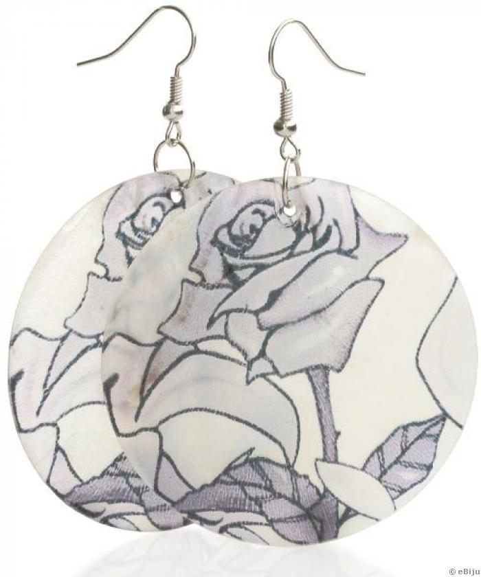 Fekete-fehér rózsamintás, festett gyöngyház fülbevaló