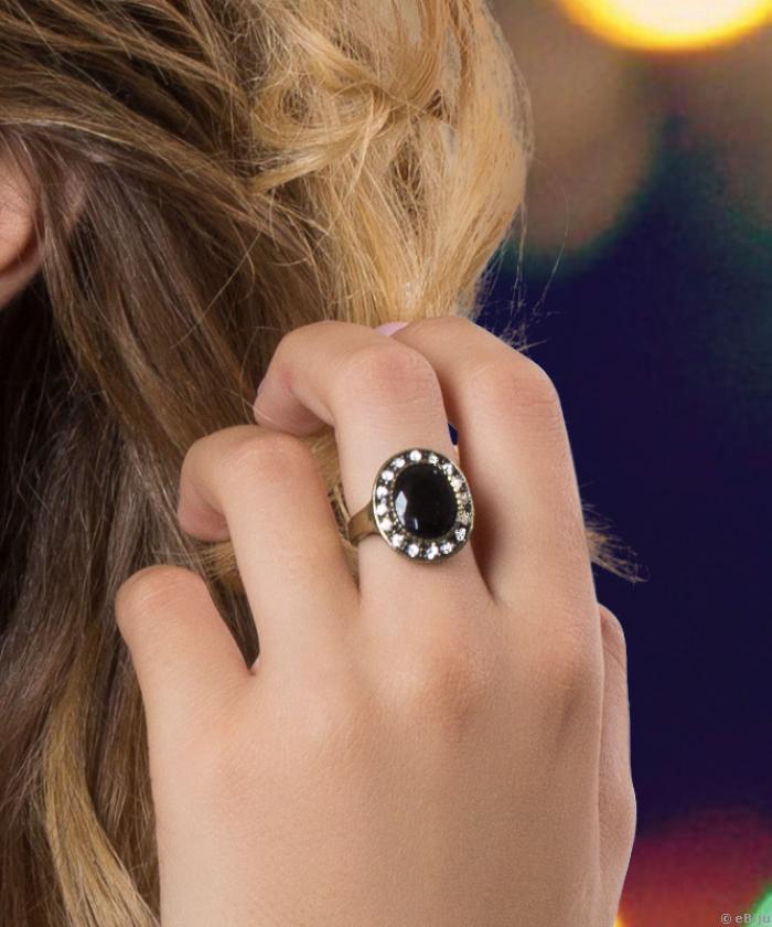 Fekete gyűrű, bronzszínű fém fekete és fehér kristályokkal
