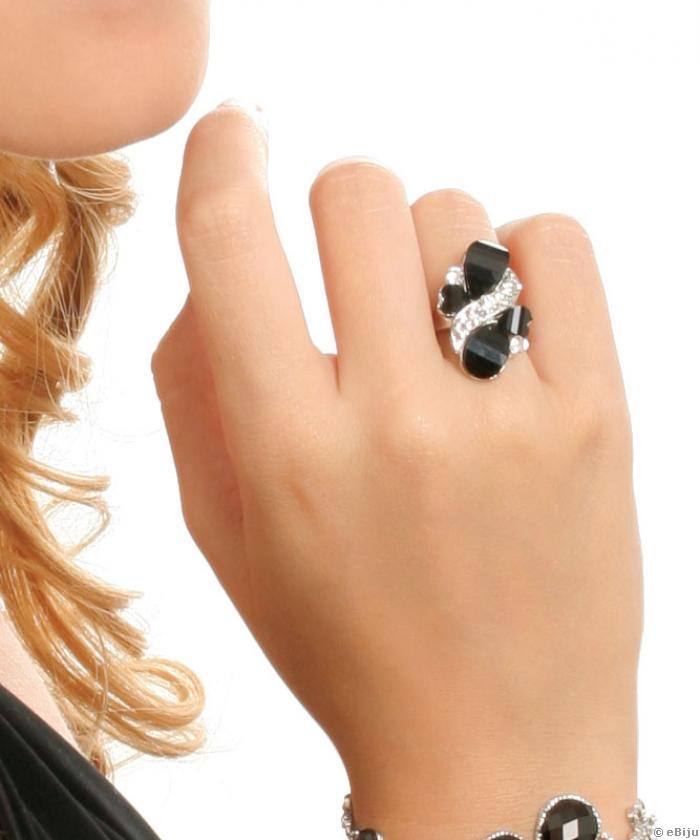 Fekete, könnycsepp és szivecske alakú kristály gyűrű fehér strasszokkal