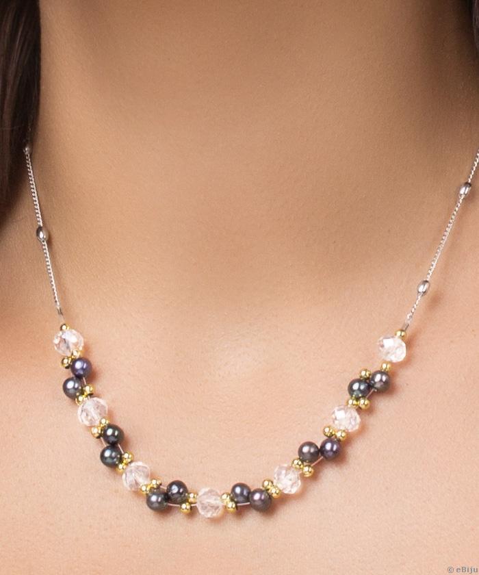 Fekete tenyésztett gyöngy nyakék fehér kristályokkal