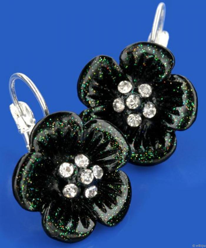 Fekete virág fülbevaló, zöld csillámokkal és fehér strasszokkal