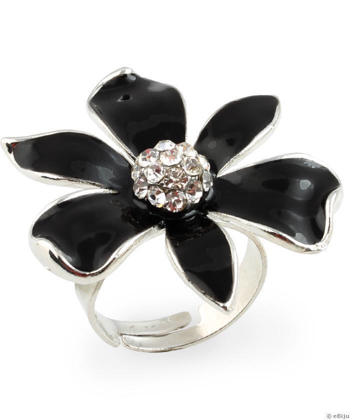 Fekete virág gyűrű, fehér kristályokkal, ezüstszínű fémből