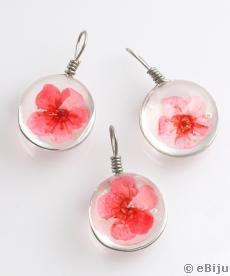 Gömb medál, piros virággal, üveg, 1.5 cm