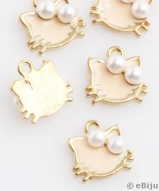 Hello Kitty medál, üveggyöngyökkel, aranyszínű fém, 1 x 1.2 cm