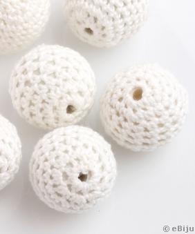Horgolt textil anyaggal bevont gyöngy, fehér, gömb forma, 2.1 cm