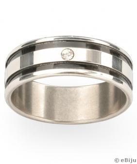 Inox gyűrű két fekete csíkkal, egy kristállyal