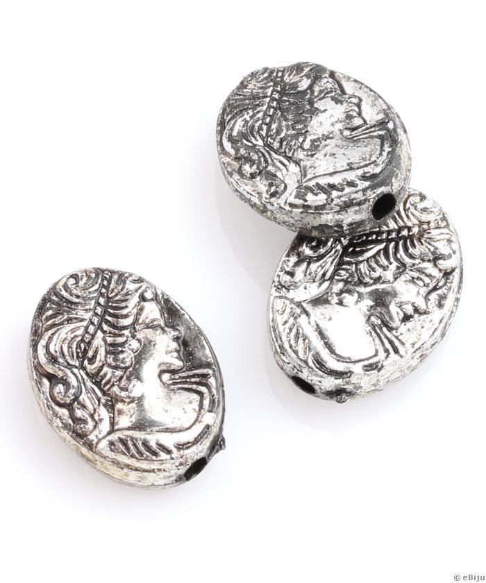 Kámea akril gyöngy, antikolt ezüstszínű, ovális forma, 1.3 x 1.8 cm