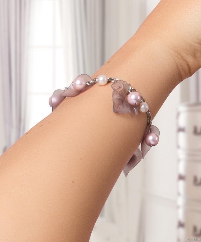 Karkötő krém- és poros rózsaszín üveggyöngyökkel és levelekkel