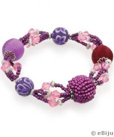 Karkötő lila üveg-, textil-, gyurma gyöngyökből és kristályokból