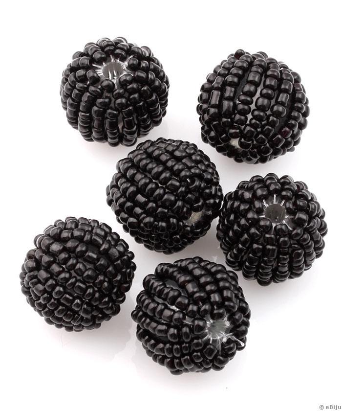 Kásagyöngyökkel bevont gyöngy, fekete, gömb forma, 1.8 cm