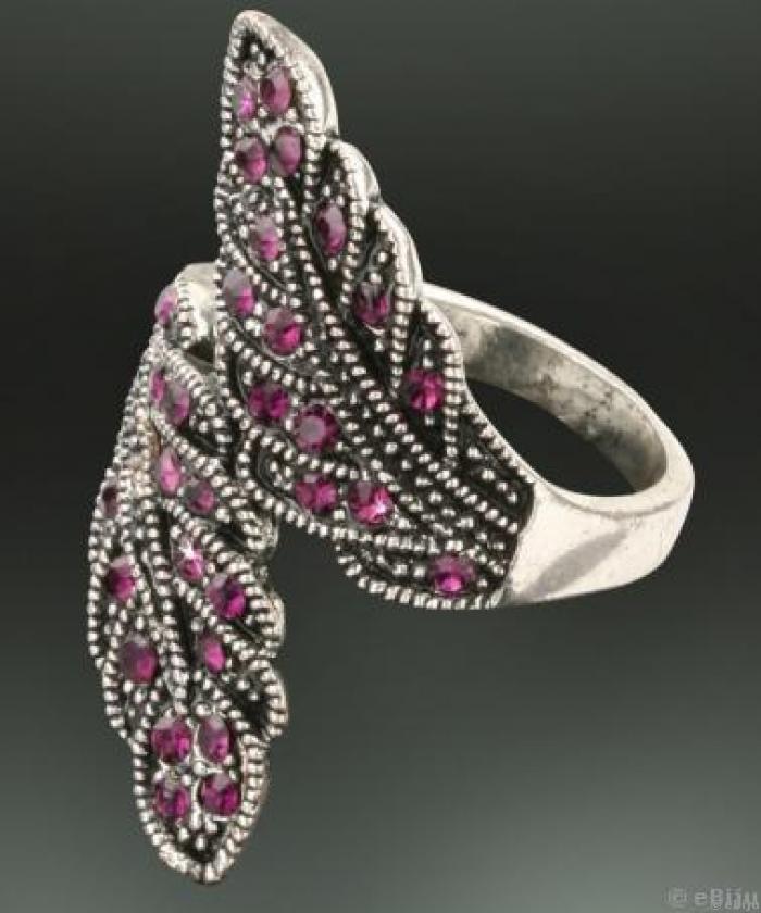 Két levélből álló gyűrű, lila kristályokkal (16 mm)